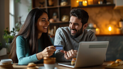 Joyful couple engaged in online shopping