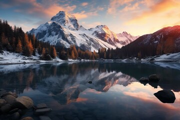 
sunset in the mountains at a calm lake reflecting the peaks