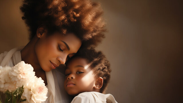An afroamerican mother with her baby son huggin with eyes closed and a blurred background
