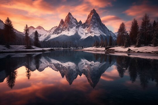 
sunset in the mountains at a calm lake reflecting the peaks
