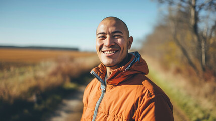 Middle-aged man smiling at the camera, outdoors during daylight with soft focus on a nature background.