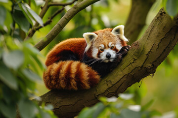 Fototapeta premium Red Panda, Firefox or Lesser Panda (Ailurus fulgens) resting in a tree
