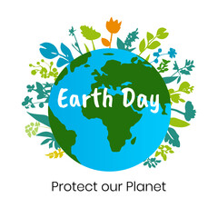 World Environment Day. Minimalist vector background in flat style, earth earth surrounded by flowers. Design for postcard, poster, banner, social media with Protect our Planet caption.
