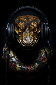 Snake with headphones. Snake listening to music