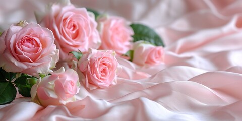 pink roses on soft silk background with copy space, for Women's Day, Mother's Day, Valentine's Day, Wedding concept. Copy space.