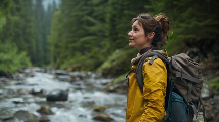 Relaxed female hiker with large backpack standing by the stream, copy space.