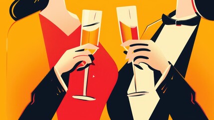  flat illustration of a woman and a man holding champagne glasses