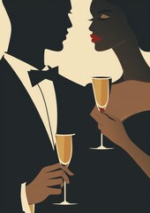  flat illustration of a woman and a man holding champagne glasses