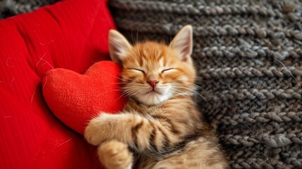Kitten sleeping on the heart-shaped pillow, cozy Valentine's day card idea, lazy and chilled Valentine, copy space.