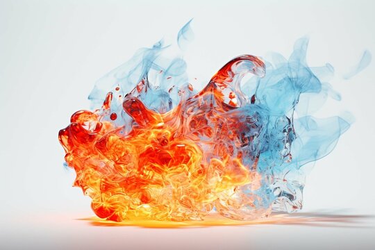 
Capture the impossible clash of fire and ice on a stark white background. Imagine fiery red flames licking at a block of crystal-clear ice, melting its edges in a dance of heat and cold isolated on a