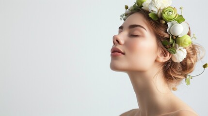 Beauty girl with white flowers and green Easter eggs decorated wreath hairstyle isolated on white, side view, eyes closed, copy space. - Powered by Adobe