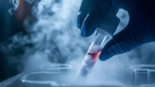 Test tube with egg donation puts in Liquid Nitrogen cryostorage, generative