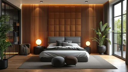 Fotobehang Bedroom with soundproofing elements, showcasing the importance of reducing noise for optimal sleep. [Soundproofed bedroom for better sleep © Julia