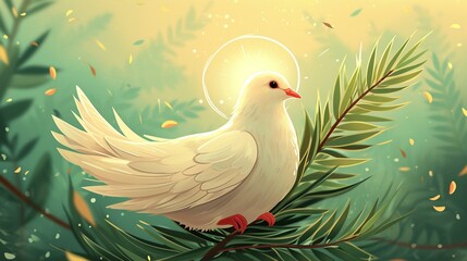 Illustration of a dove holding a palm branch, symbolizing peace and celebration on Palm Sunday. [Dove with palm branch illustration