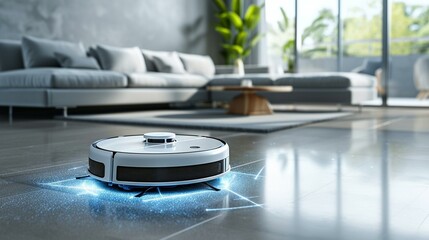 AI-powered floor mapping robot efficiently vacuuming and mopping different surfaces. [AI-powered floor mapping robot