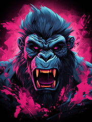 T-shirt design, Motive featuring a fierce gorilla with a vibrant pink mohawk and matching accessories standing in a powerful stance created with Generative Ai - obrazy, fototapety, plakaty