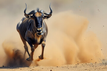 Blue wildebeest running in dust - Kalahari desert - South Africa - obrazy, fototapety, plakaty