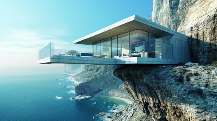 A house on top of a cliff overlooking the ocean. Generative AI. - Powered by Adobe
