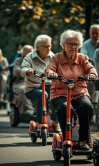 Fototapeta na wymiar Elderly people enjoying a thrilling scooter race in the park. Generative AI.