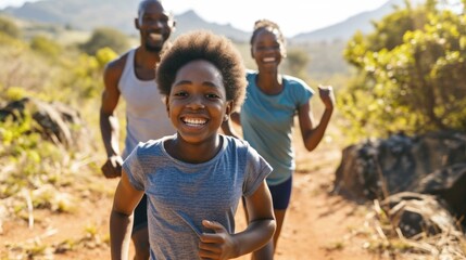 A joyful family bonding through a fun run in nature. Generative AI.