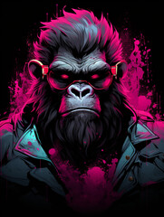 T-shirt design, Motive featuring a fierce gorilla with a vibrant pink mohawk and matching accessories standing in a powerful stance created with Generative Ai