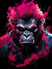 T-shirt design, Motive featuring a fierce gorilla with a vibrant pink mohawk and matching accessories standing in a powerful stance created with Generative Ai