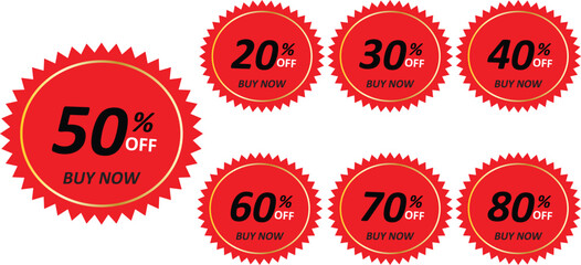 Percent discount sticker discount price tag set. Red and Black round shape promote TAG buy now with sell off up to 20, 30, 40, 50, 60, 70, 80 percentage vector illustration isolated on white