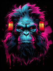 T-shirt design, Motive featuring a fierce gorilla with a vibrant pink mohawk and matching accessories standing in a powerful stance created with Generative Ai