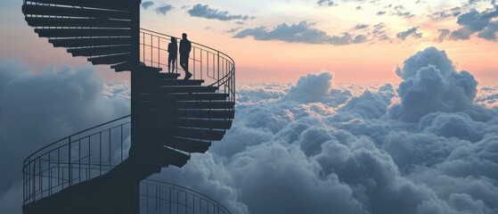A man climbs a spiral staircase towards the clouds. Generative AI.
