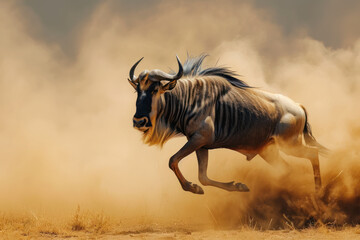 Blue wildebeest running in dust - Kalahari desert - South Africa - obrazy, fototapety, plakaty