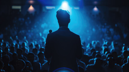 Man from behind is standing in front of an audience - obrazy, fototapety, plakaty