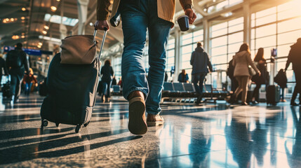 Person walking through an airport terminal, carrying a suitcase and a coffee cup, with other travelers in the background. - obrazy, fototapety, plakaty