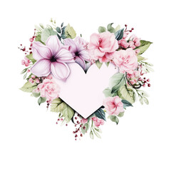 A heart-shaped frame surrounded by a delicate composition of pastel pink flowers. Blank card for valentines day