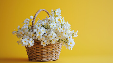 Fototapeta na wymiar White spring flowers in a wooden basket on a yellow background. Background image. Spring concept, plant.