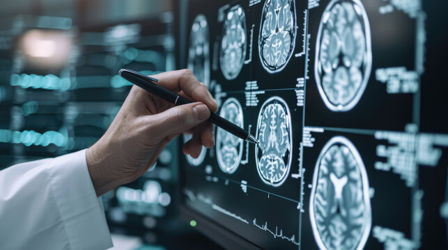 Medical professional analyzing a series of MRI brain scans displayed on a high-tech digital monitor.