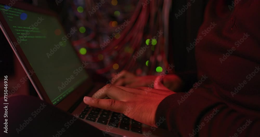 Leinwandbilder Cyber attack, laptop hacker and person hands with security, crime and virus install in server room. Network, hacking and crypto coding with criminal, phishing and fraud hardware with tech at night