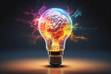 Brain inside a light bulb on a dark background. Generative Ai
