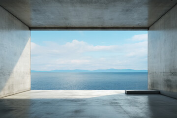 Empty concrete room with sea view. Generative Ai