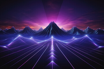 Futuristic landscape with mountains and purple lights in the night sky. Generative Ai