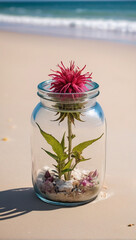 A Captivating Bee Balm Flower Jar Amidst Beach Serenity AI GENERATED