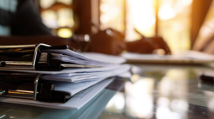 Large stack of paperwork with binder clips on a desk, with the blurred image of a person's hand holding a pen in the background - obrazy, fototapety, plakaty
