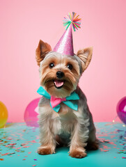 Funny dog dressed in a festive costume on colorful background