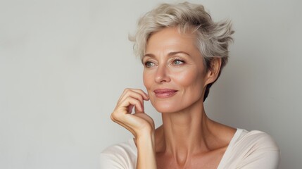 portrait of a beautiful woman 50 years old with natural makeup in a beige T-shirt on a neutral background. The concept of natural beauty and anti-age care - obrazy, fototapety, plakaty