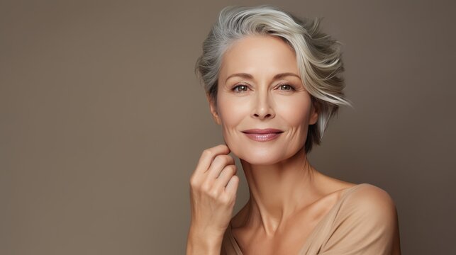 portrait of a beautiful woman 50 years old with natural makeup in a beige T-shirt on a neutral background. The concept of natural beauty and anti-age care