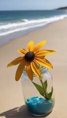 A Captivating Black-Eyed Susan Flower Jar Amidst Beach Serenity AI GENERATED