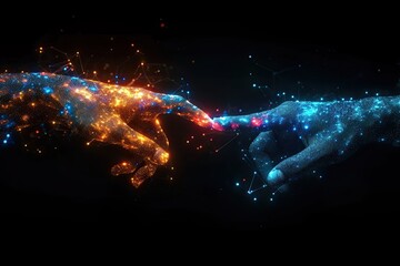 AI, ML, robotics, and human hands collaborate with vast global data through the internet and digital tech for futuristic science and AI advancements.