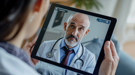 Person holding a tablet with the image of a male doctor on the screen, suggesting a virtual medical consultation or telemedicine appointment. - Powered by Adobe