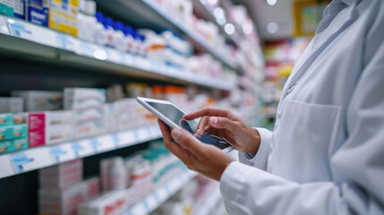 Pharmacist in a white lab coat is using a tablet in a pharmacy with shelves stocked with medications in the background.