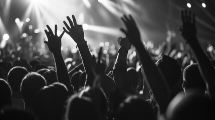 Monochrome image of a crowd at a concert, with many hands raised in the air, silhouetted against bright stage lights. - obrazy, fototapety, plakaty