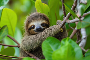 Baby Brown-throated Three-toed sloth in the mangrove, Caribbean, Costa Rica